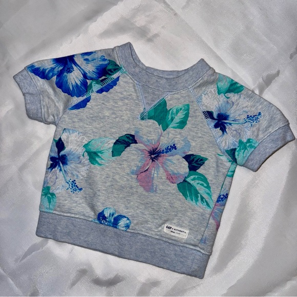GAP Other - Baby Gap 6-12 mos Girl S/S Gray Blue‎ Pink Big Flowers Fleece/Top/Shirt